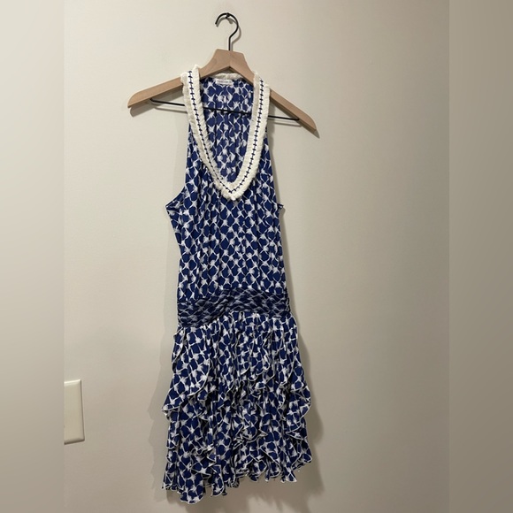 Poupette St Barth Blue & Cream Fringe Ruffle Fit & Flare Dress Size Small - Picture 4 of 10